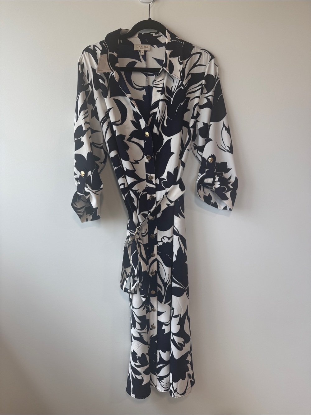 Laura Plus Navy & White Floral Button-Front Wrap Dress with gold embellishment
